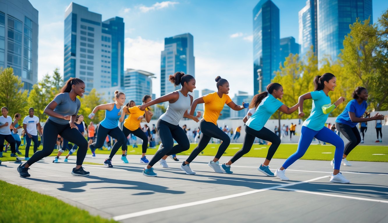 Sekelompok orang muda sedang berolahraga dengan peralatan modern di taman kota pada siang hari yang cerah.