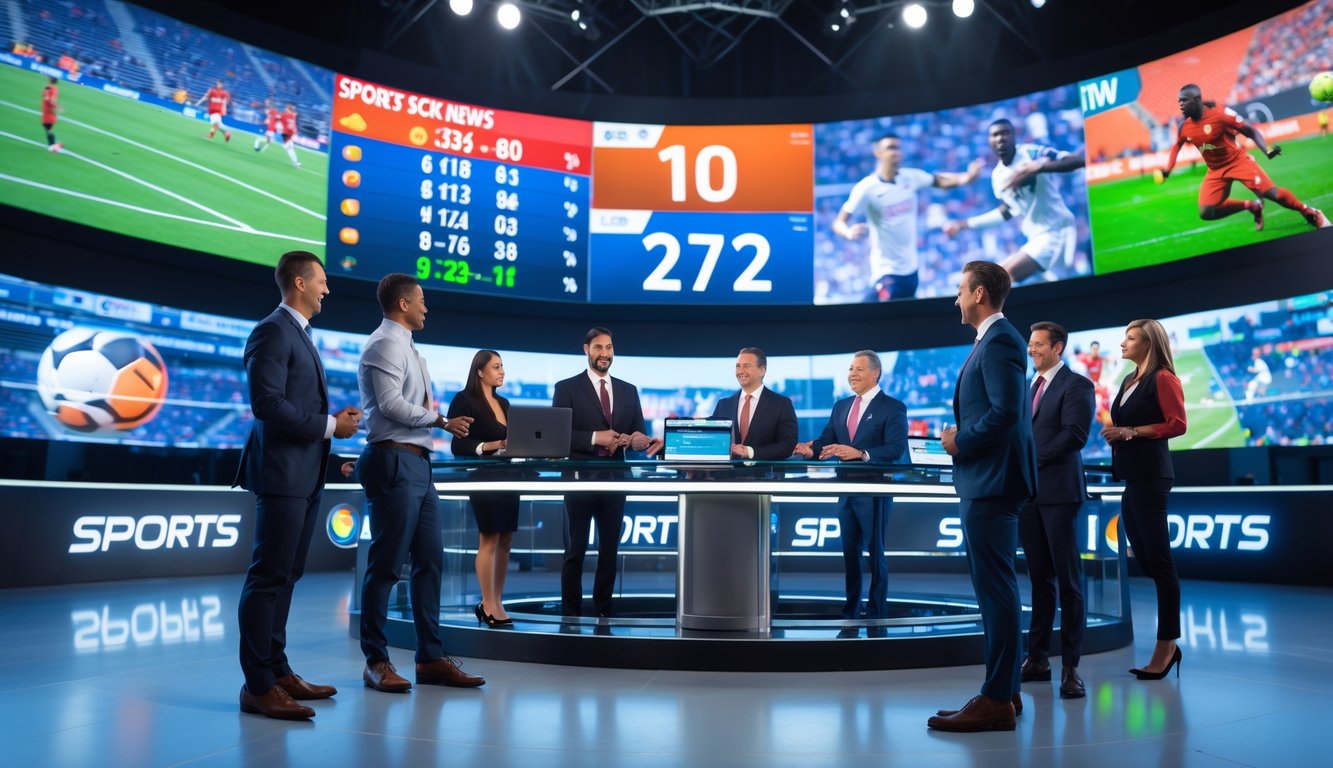 Sekelompok analis olahraga sedang berdiskusi di depan papan skor digital dengan tampilan skor dan sorotan pertandingan olahraga terkini.