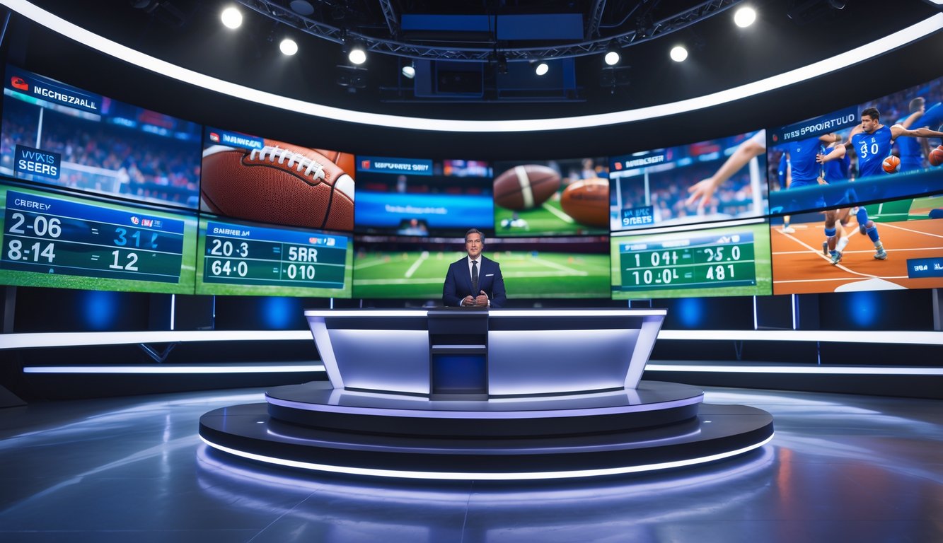 Studio berita olahraga modern dengan papan skor digital dan layar besar menampilkan cuplikan pertandingan olahraga terbaru.