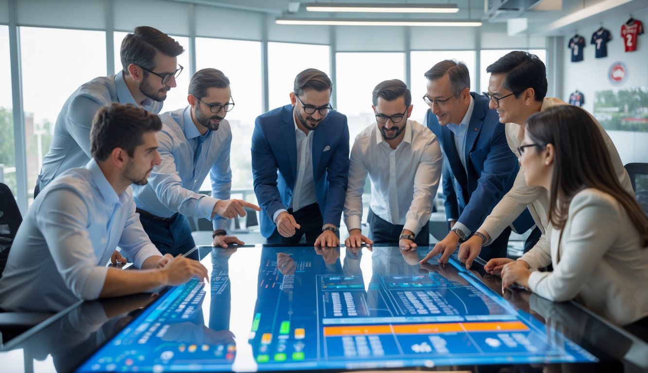 Sekelompok analis olahraga sedang berdiskusi di sekitar meja digital yang menampilkan data performa tim dan pemain.