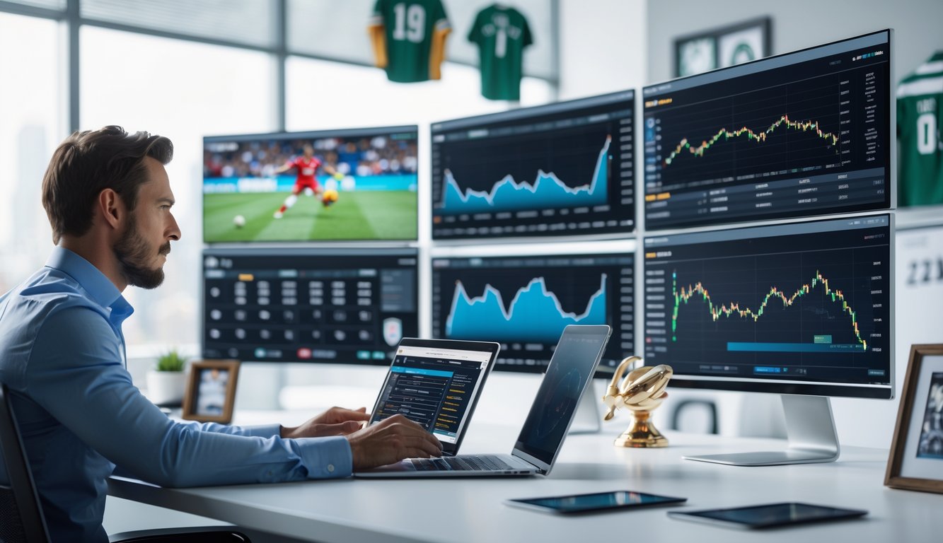 Seorang analis olahraga sedang bekerja di depan beberapa layar yang menampilkan statistik dan rekaman pertandingan dalam sebuah kantor modern.