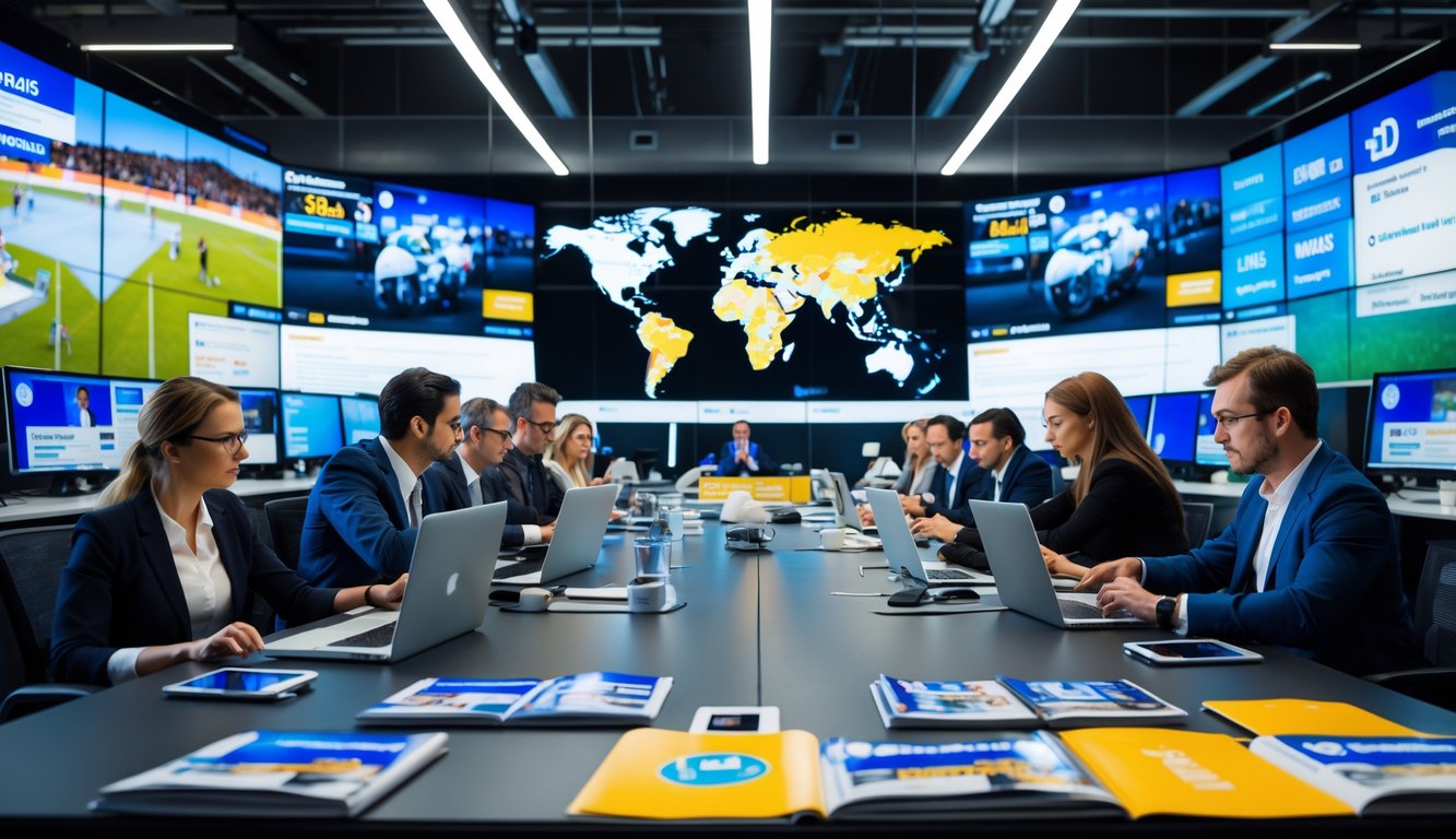 Suasana ruang redaksi olahraga dengan beberapa jurnalis yang sedang bekerja dan layar besar menampilkan berita olahraga terbaru.