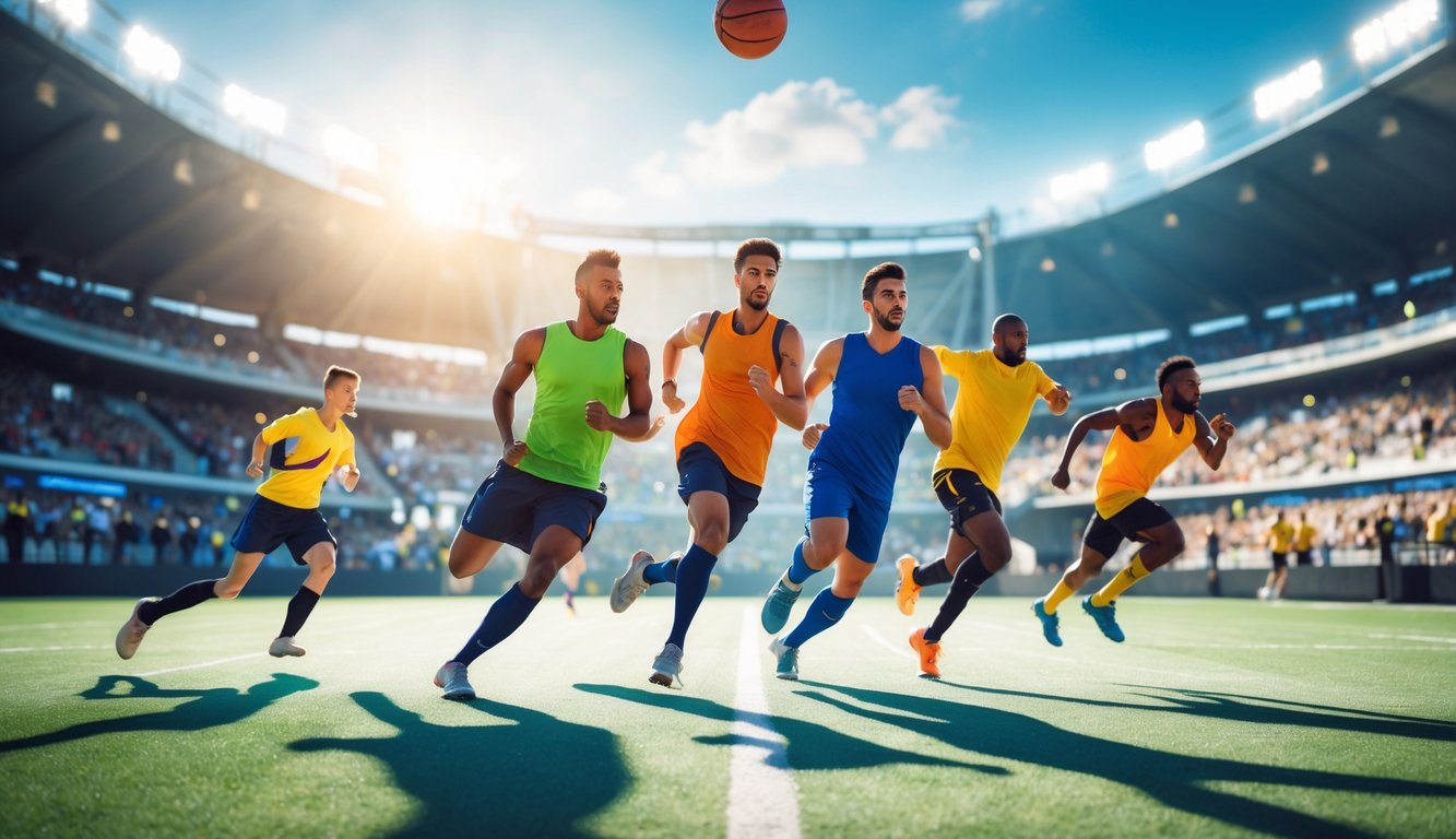 Beberapa atlet sedang beraksi di stadion modern dengan penonton yang bersorak-sorai.