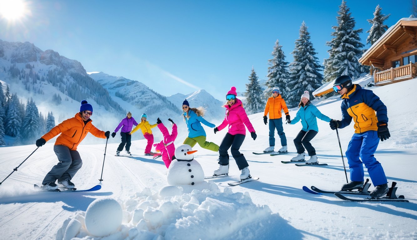 Orang-orang sedang melakukan berbagai olahraga musim dingin seperti ski, snowboarding, seluncur es, dan bermain salju di pemandangan pegunungan bersalju saat liburan.