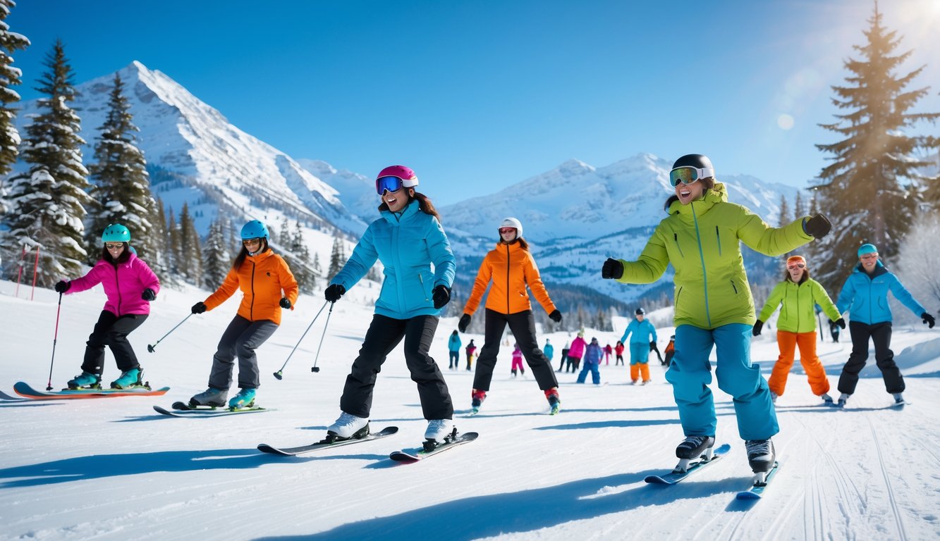 Sekelompok orang bermain berbagai olahraga musim dingin seperti ski, snowboarding, dan seluncur es di pegunungan bersalju dengan langit cerah.