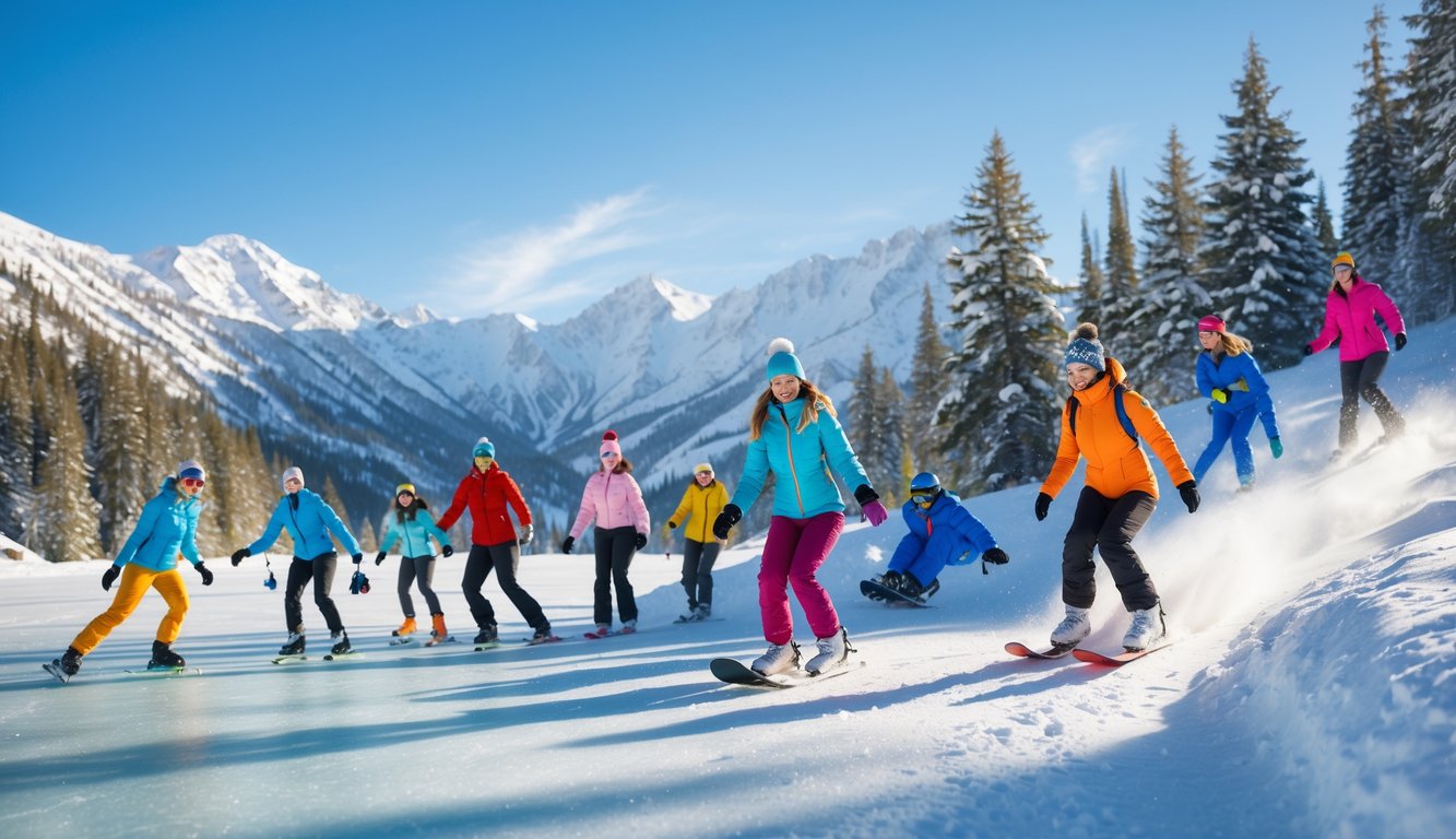 Beberapa orang sedang melakukan berbagai olahraga musim dingin seperti ice skating, snowshoeing, dan sledding di pegunungan bersalju.