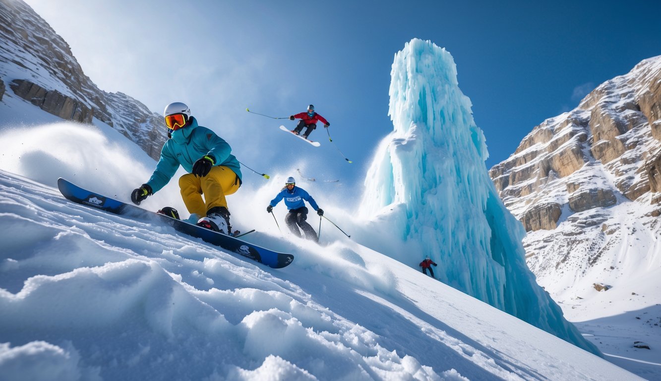 Beberapa atlet melakukan olahraga musim dingin ekstrem seperti snowboarding, panjat es, dan ski di pegunungan bersalju dengan latar belakang puncak bersalju dan langit biru.