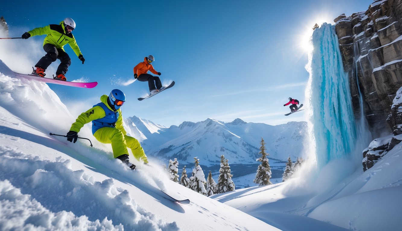 Beberapa atlet melakukan olahraga musim dingin ekstrem seperti snowboarding, ski, panjat es, dan snowmobiling di pegunungan bersalju dengan langit biru cerah.