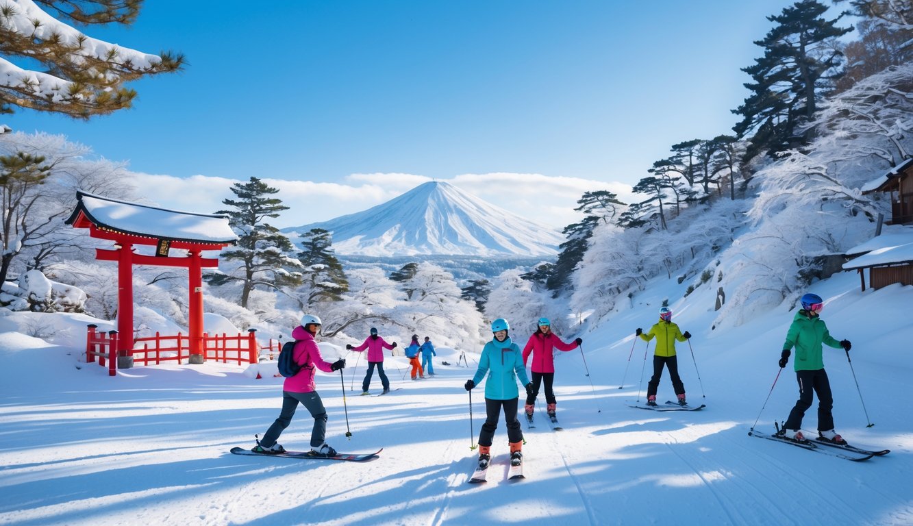 Orang-orang bermain ski dan snowboarding di pegunungan bersalju dengan latar belakang gerbang torii dan pohon pinus bersalju di Jepang.