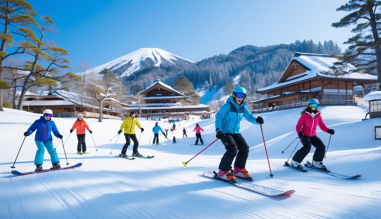 Orang-orang bermain ski dan snowboarding di pegunungan bersalju dengan latar belakang bangunan tradisional Jepang dan pepohonan yang tertutup salju.
