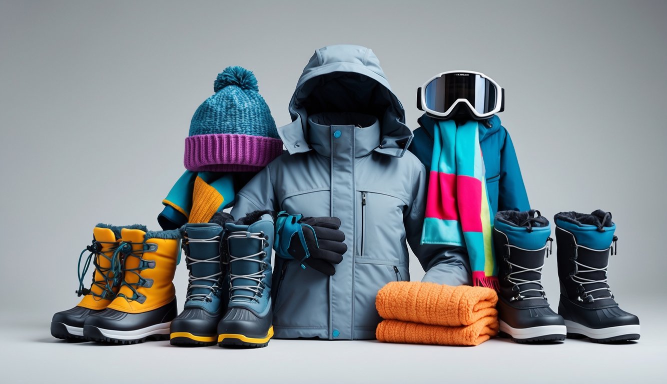 Perlengkapan olahraga musim dingin seperti jaket tebal, sarung tangan, topi rajut, sepatu salju, syal, dan kacamata ski yang tertata rapi.