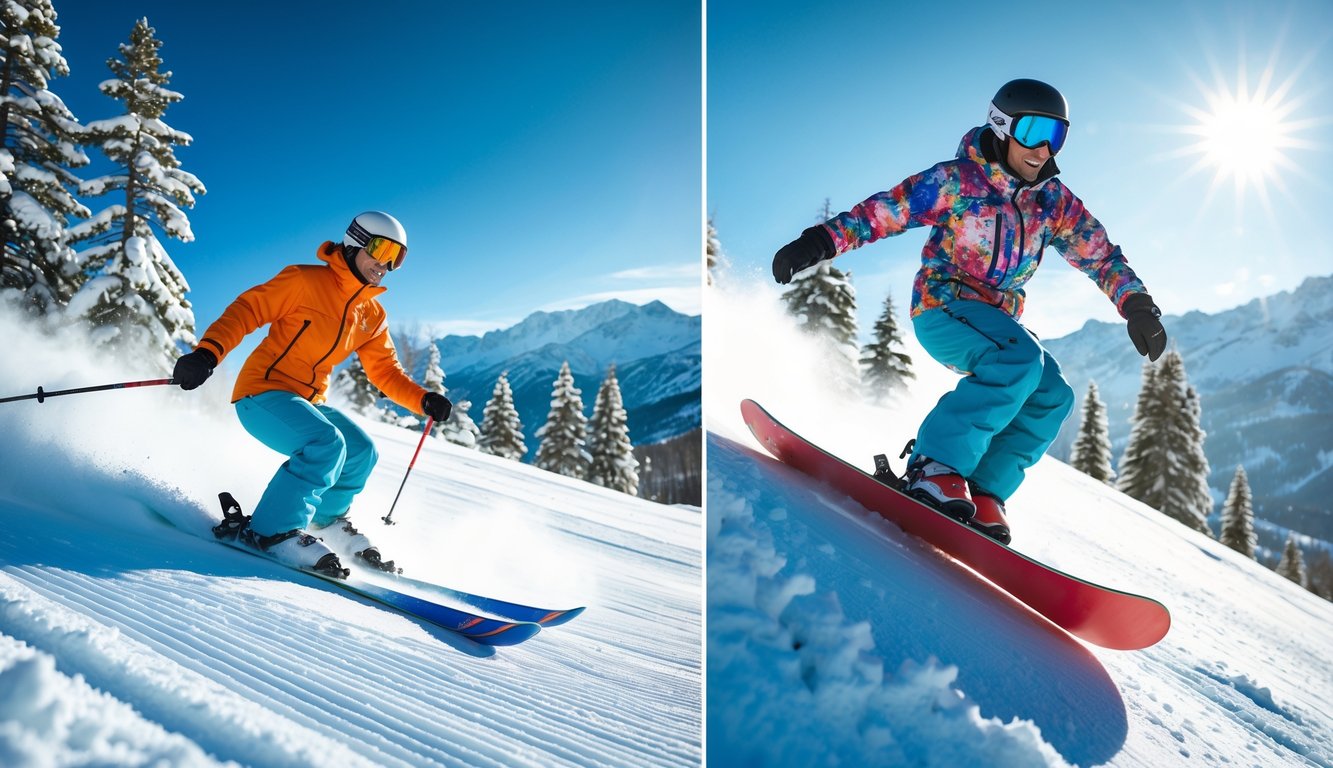 Seorang pemain ski dan seorang pemain snowboard sedang meluncur di lereng gunung bersalju dengan latar pohon pinus dan puncak gunung.