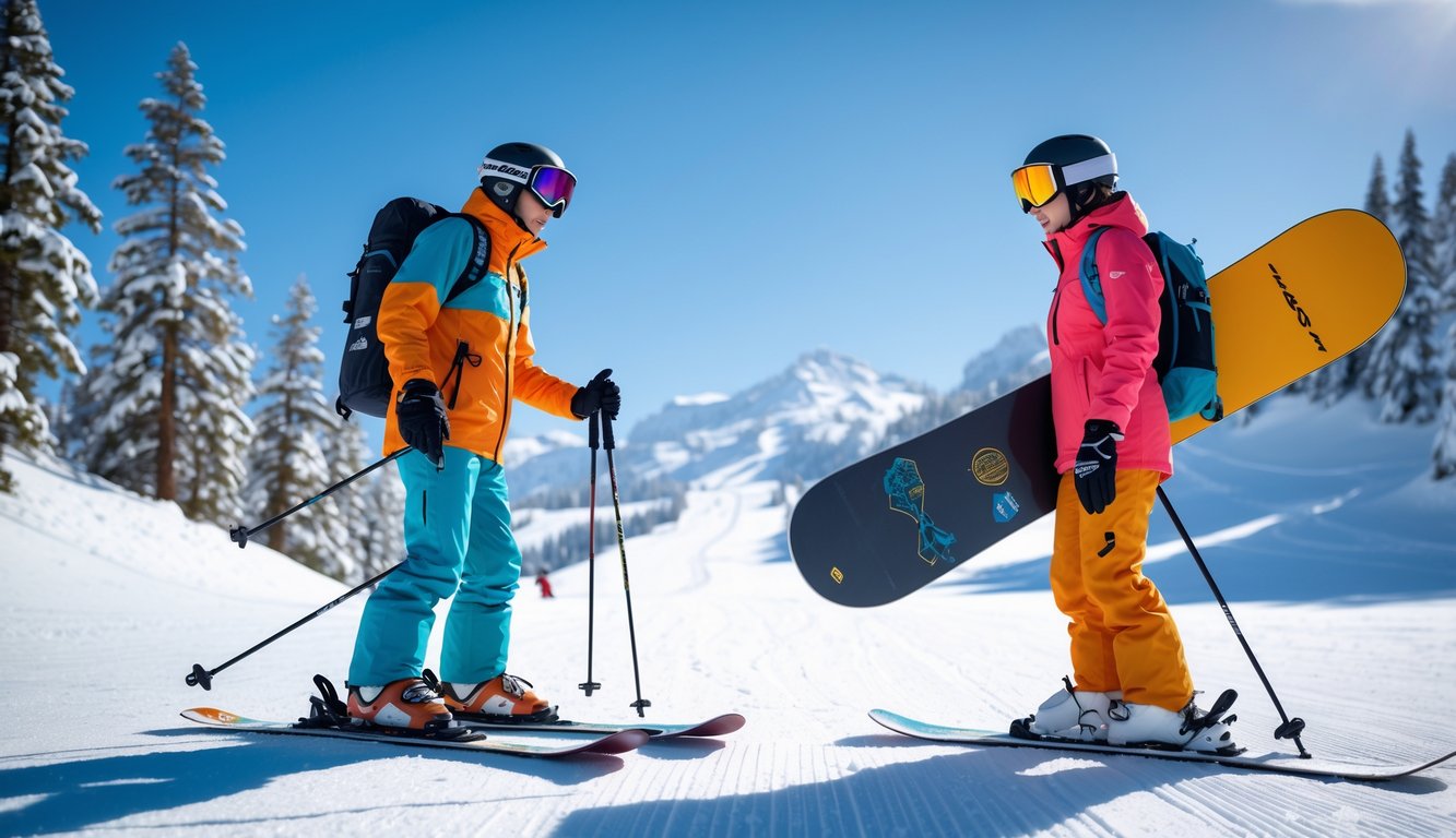Dua atlet olahraga musim dingin di pegunungan bersalju, satu dengan perlengkapan ski dan satu dengan papan snowboard, berdiri di lereng salju dengan latar pepohonan dan langit biru.