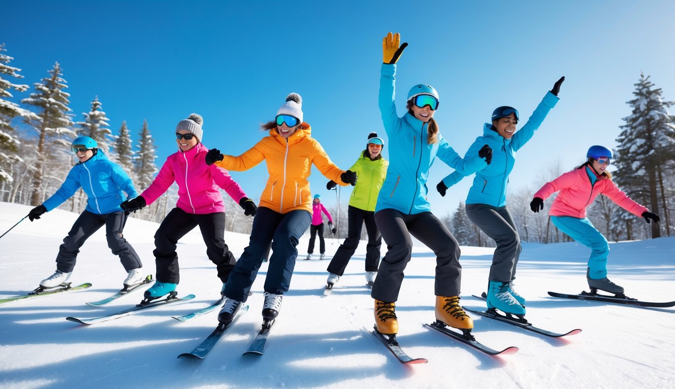 Sekelompok orang bermain olahraga musim dingin seperti ski, snowboarding, dan seluncur es di lanskap bersalju dengan langit biru dan pepohonan tertutup salju.