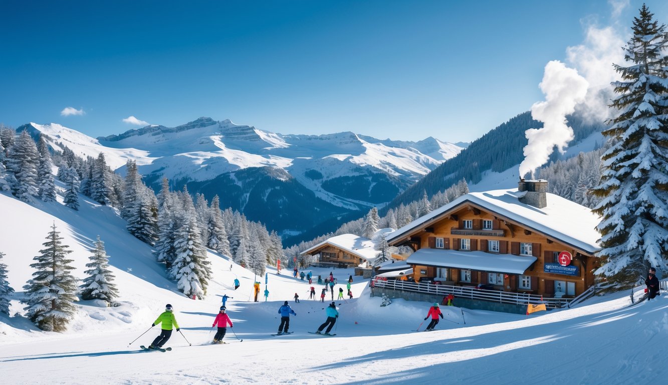 Pemandangan pegunungan bersalju di Swiss dengan pemain ski dan snowboard di lereng, sebuah chalet alpine, dan pepohonan pinus bersalju.