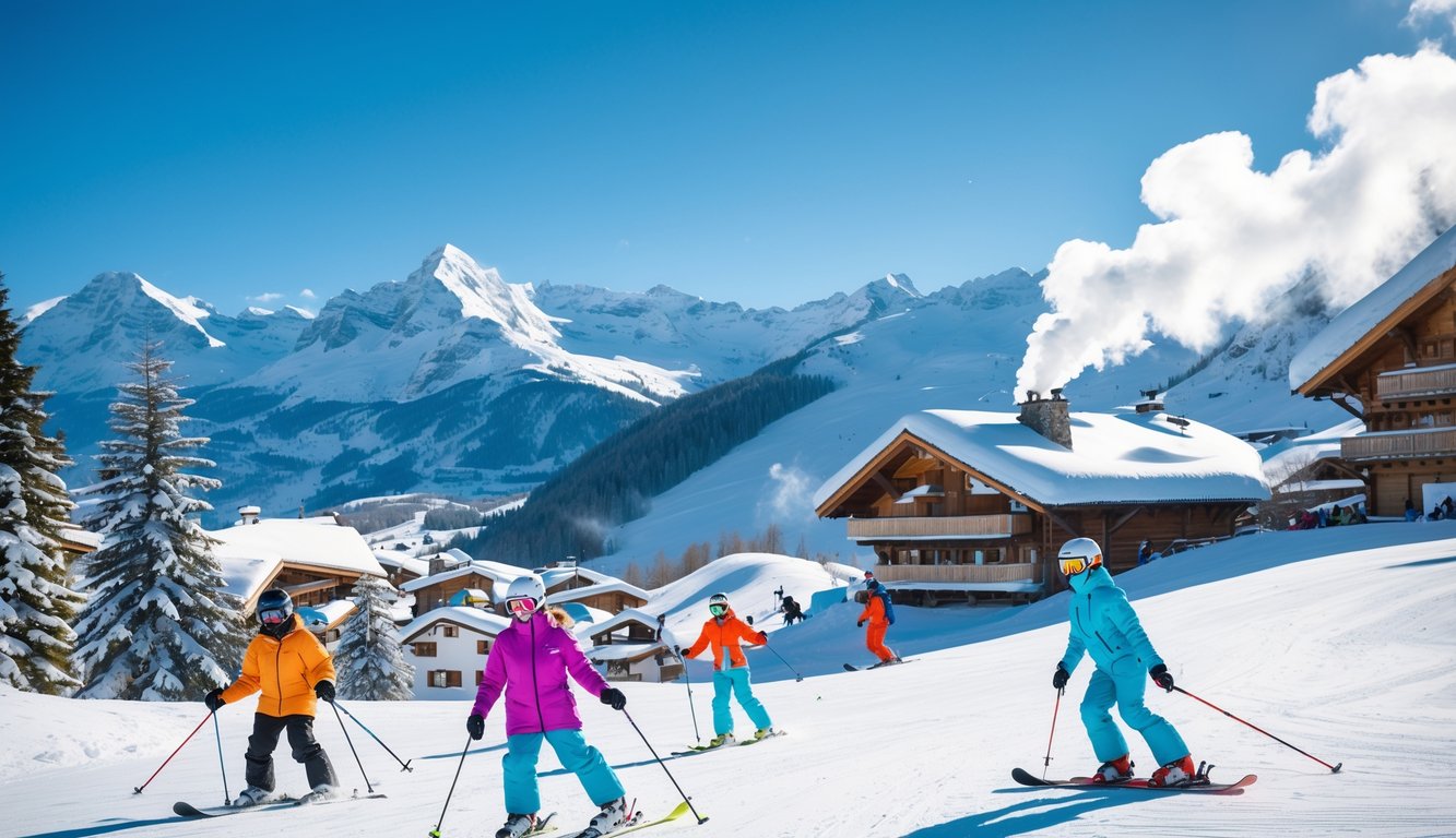 Pemandangan pegunungan bersalju di Swiss dengan orang-orang bermain ski dan snowboarding serta rumah kayu di latar depan.