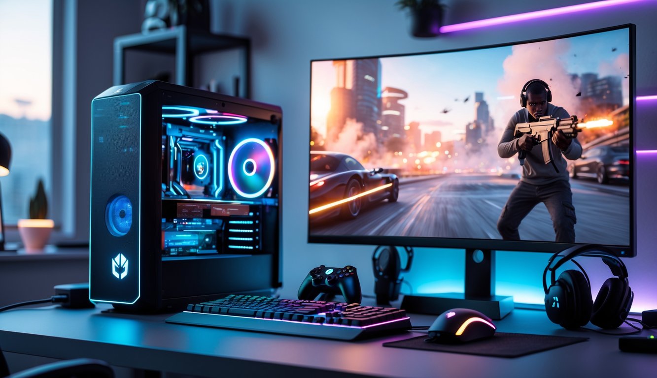 Seorang gamer sedang bermain game tembak-menembak di depan komputer dengan layar menampilkan adegan permainan yang penuh aksi, di sebuah ruangan dengan pencahayaan hangat dan peralatan gaming di atas meja.
