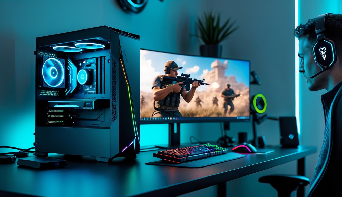Sebuah setup gaming PC modern dengan dua monitor yang menampilkan game tembak-menembak, di dalam ruangan yang rapi dengan pencahayaan biru dan hijau.