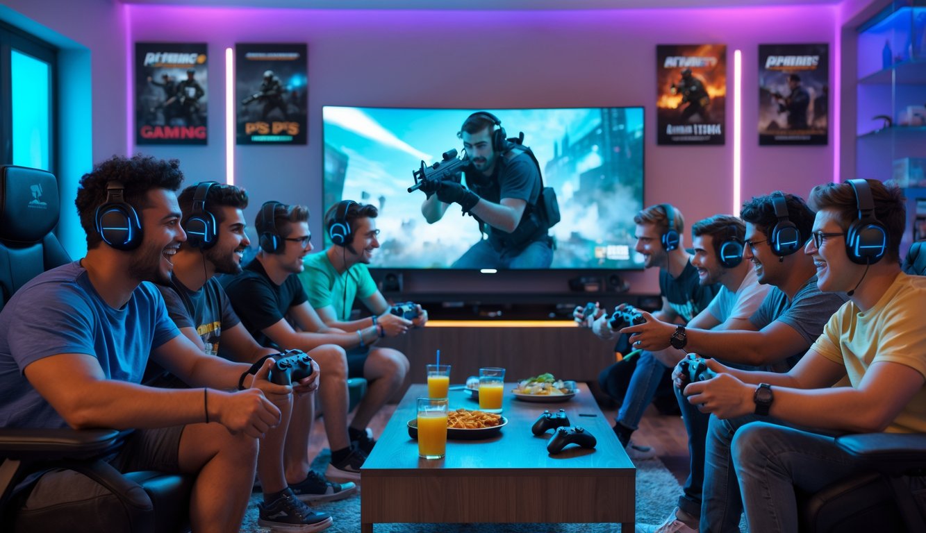 Sekelompok orang muda bermain game FPS secara multiplayer bersama di ruang tamu dengan layar besar dan peralatan gaming.