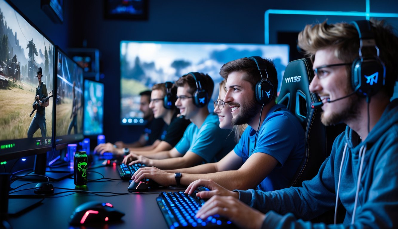 Sekelompok orang muda sedang bermain game FPS online bersama di sebuah ruangan dengan peralatan gaming dan layar komputer.