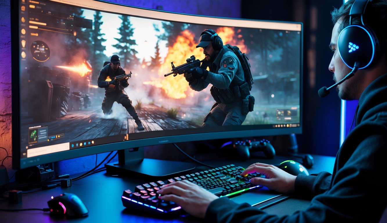 Seorang pemain sedang bermain game tembak-menembak di komputer dengan monitor besar dan peralatan gaming di sekitarnya.