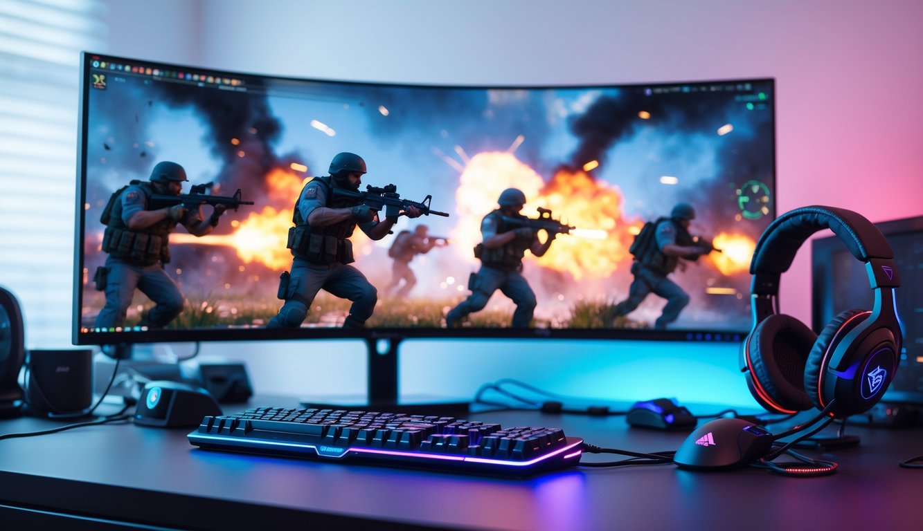 Sebuah setup komputer dengan monitor menampilkan adegan pertempuran game FPS, dilengkapi keyboard, mouse, dan headset gaming di atas meja yang rapi.