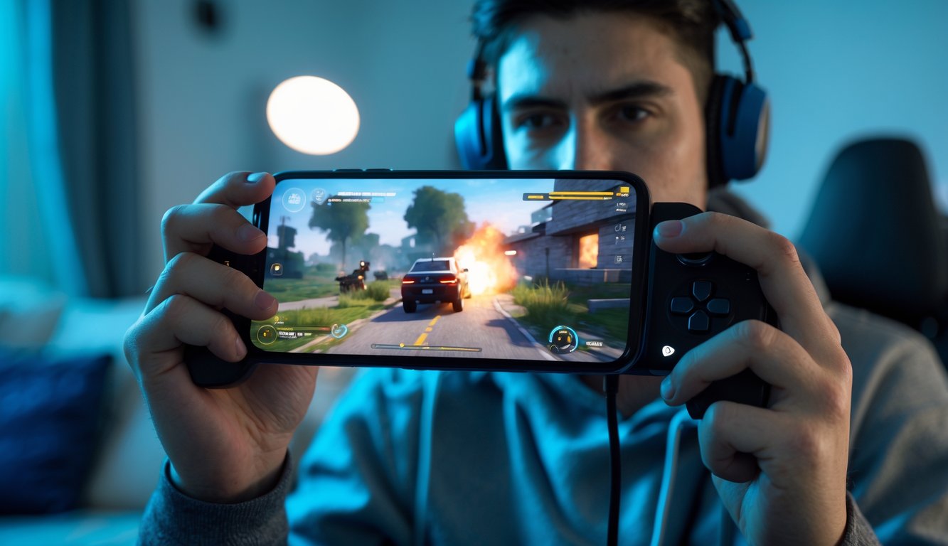 Seorang pria muda sedang bermain game FPS di ponsel Android di dalam ruangan yang nyaman.