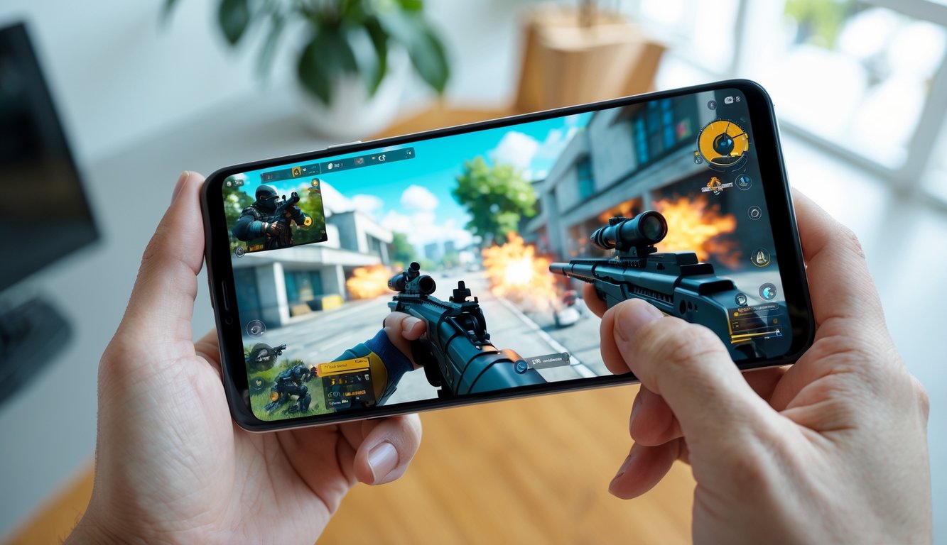 Seseorang memegang ponsel Android yang menampilkan permainan FPS dengan grafis berkualitas tinggi.