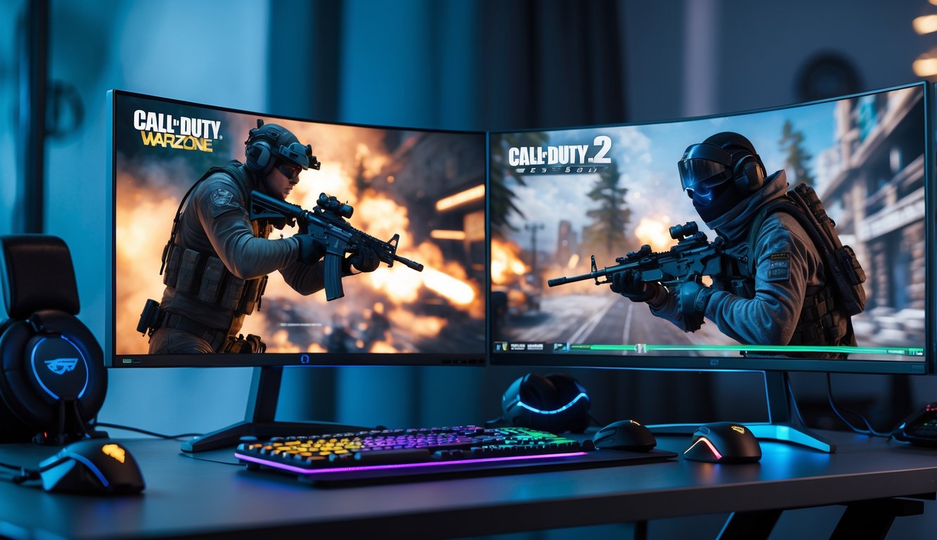 Dua setup gaming berdampingan dengan monitor menampilkan adegan permainan Call of Duty: Warzone dan Counter-Strike 2 yang intens.