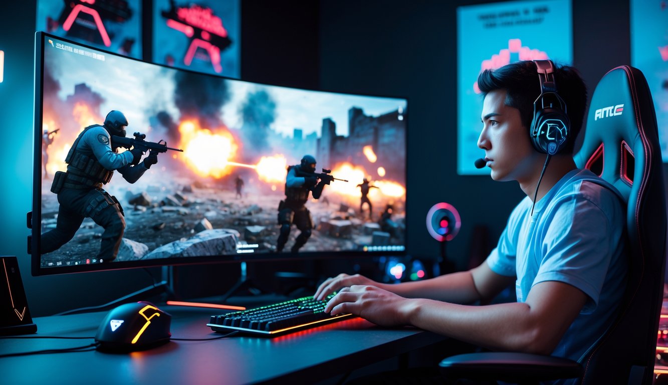 Seorang gamer muda sedang bermain game FPS di meja gaming dengan monitor besar dan perlengkapan gaming lengkap.
