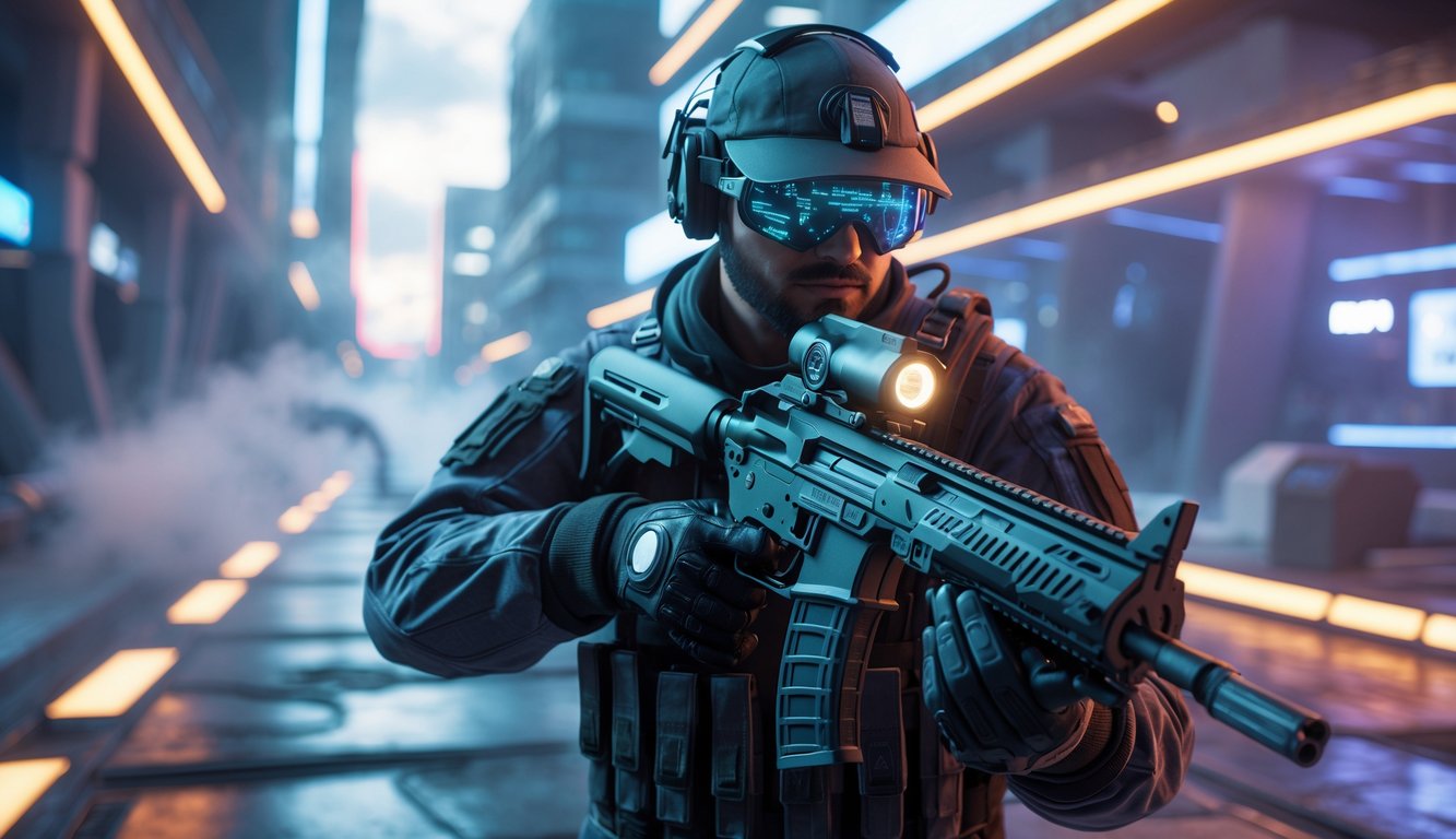 Seorang prajurit futuristik memegang senjata canggih di medan pertempuran kota dengan arsitektur modern dan lampu neon.