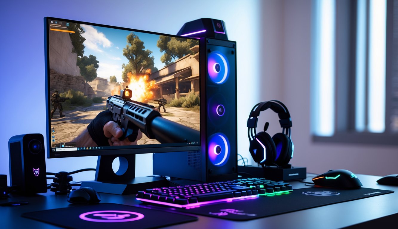 Sebuah setup gaming modern dengan komputer atau laptop yang menampilkan permainan FPS di layar, dilengkapi dengan aksesori gaming di meja.
