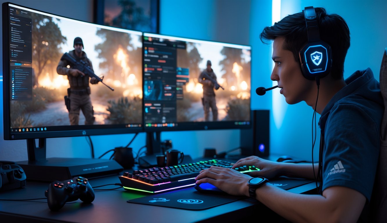 Seorang gamer sedang bermain game FPS di komputer dengan dua monitor di sebuah ruangan gaming yang rapi.