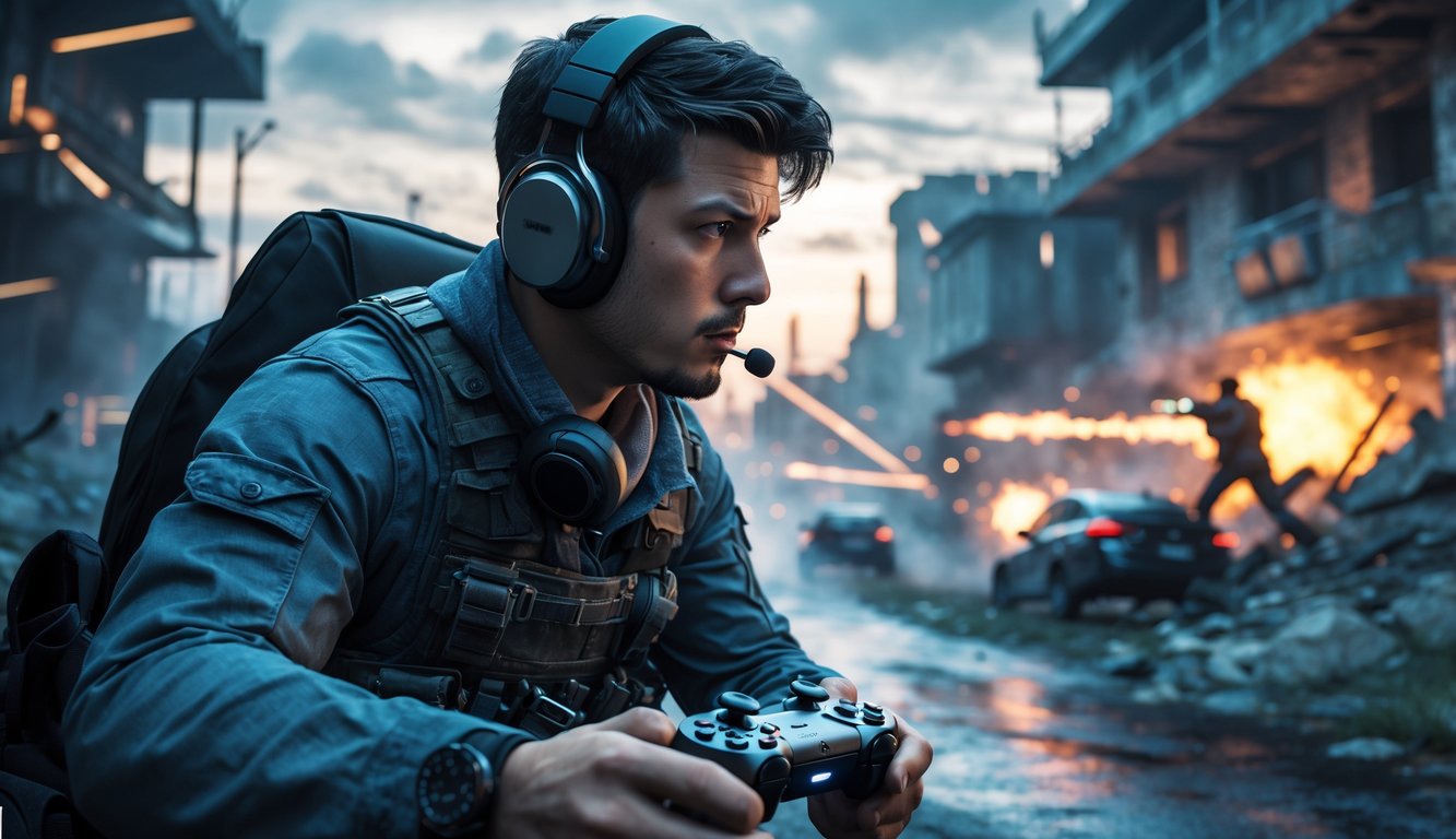 Seorang pemain game FPS sedang fokus bermain dalam suasana pertempuran virtual yang dramatis dan penuh aksi.