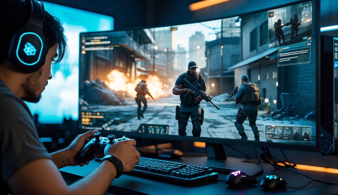 Seorang pemain game FPS sedang bermain di depan komputer dengan layar menampilkan adegan pertempuran di kota, menunjukkan fokus dan keterlibatan dalam permainan.