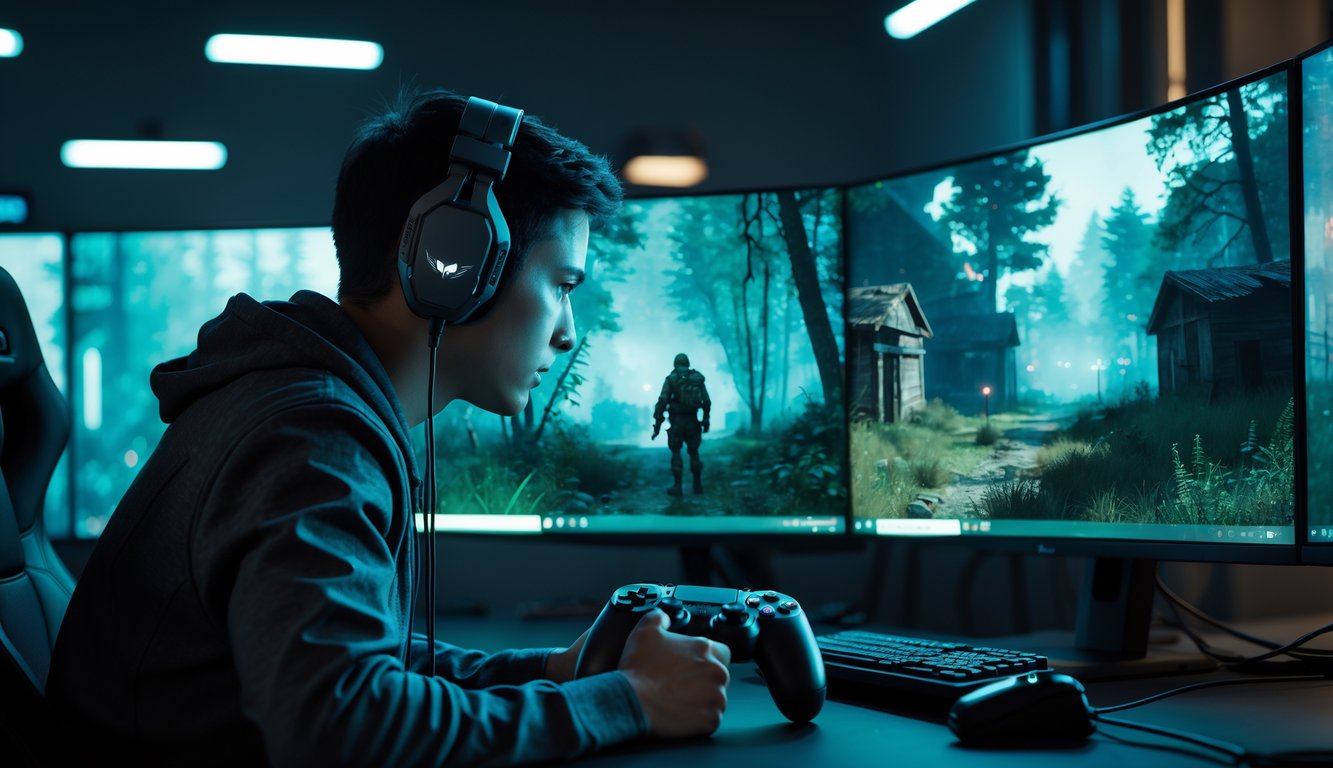 Seorang gamer fokus bermain game FPS survival di depan beberapa monitor dengan latar hutan gelap dan bangunan terbengkalai di layar.
