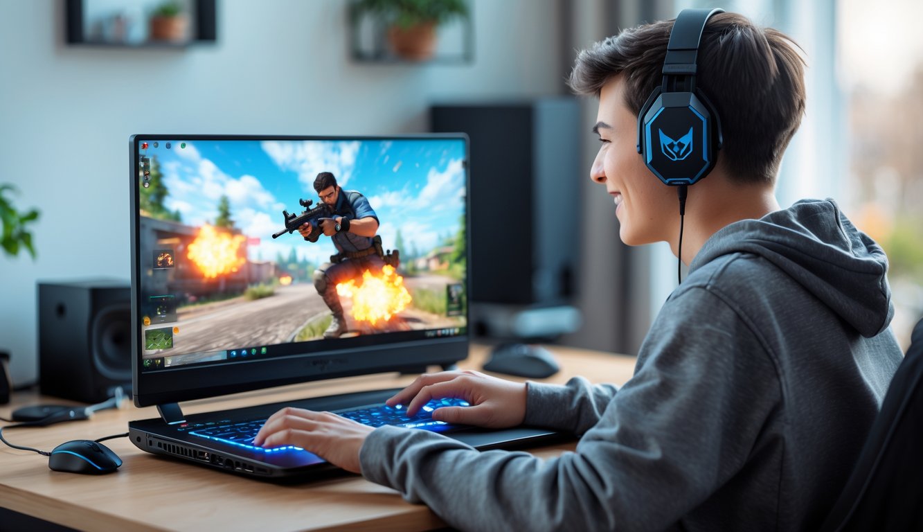 Seorang gamer muda sedang bermain game FPS di laptop sederhana dengan ekspresi fokus dan senang di sebuah ruangan yang nyaman.