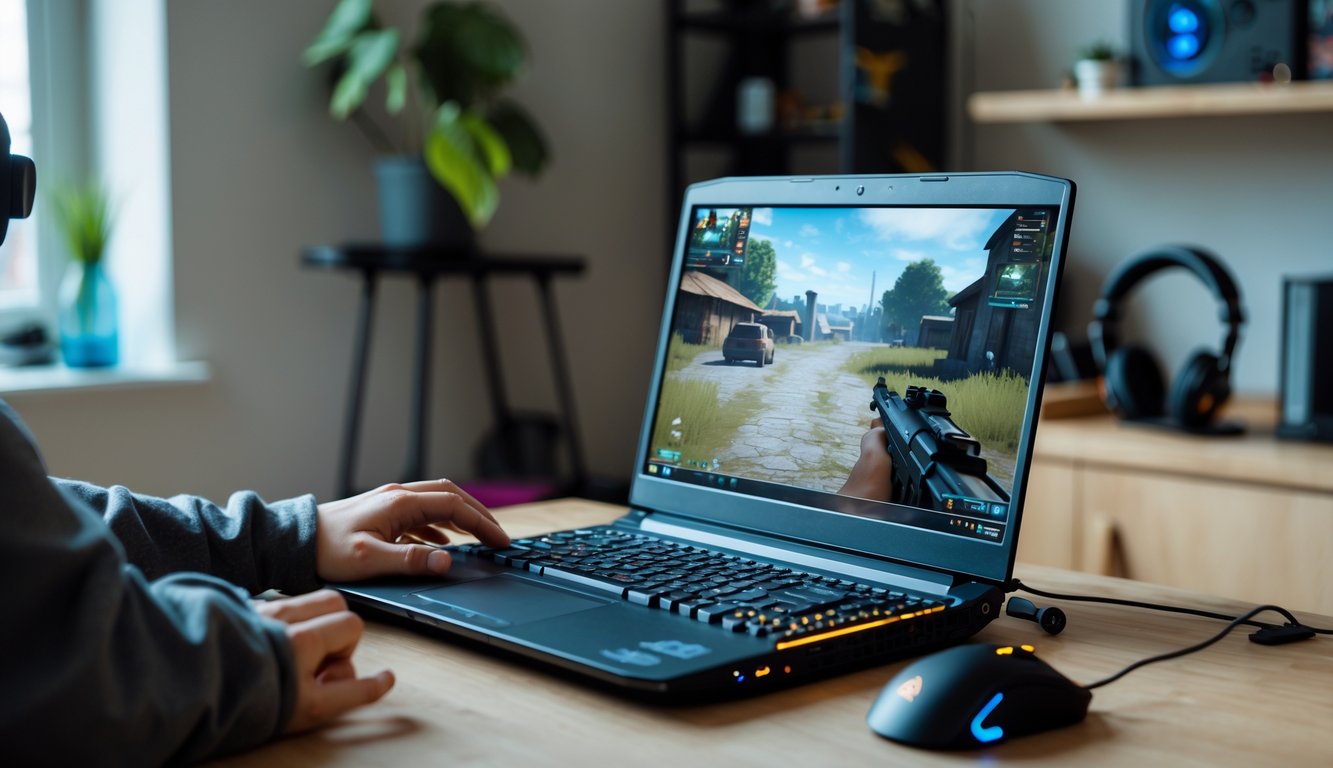 Seorang gamer muda sedang bermain game FPS ringan menggunakan laptop dengan spesifikasi rendah di ruangan sederhana.
