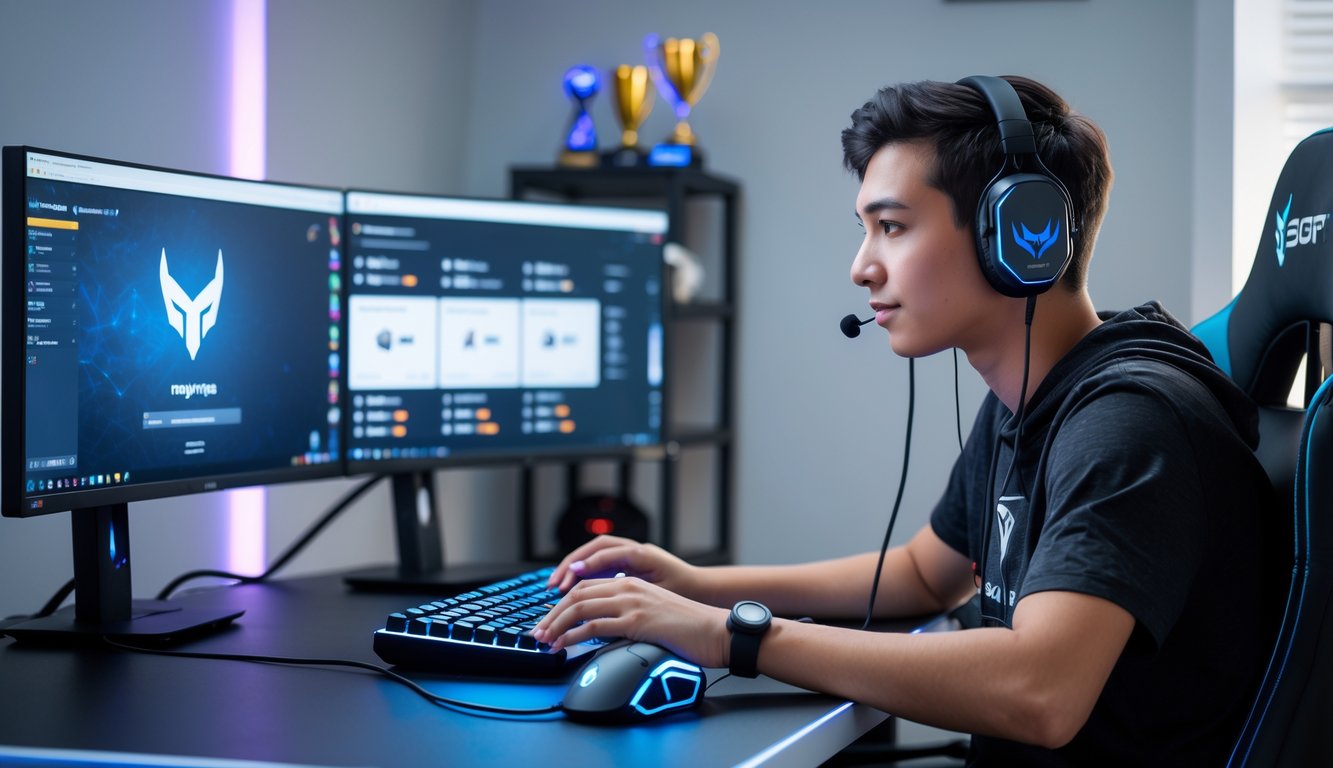 Seorang pemuda fokus bermain game di meja gaming dengan dua monitor, menggunakan headset dan perlengkapan gaming di ruangan yang rapi dan terang.