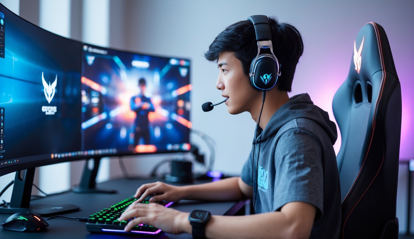 Seorang pemuda duduk di depan komputer dengan headset, fokus bermain game esports di ruangan yang terang dan modern.