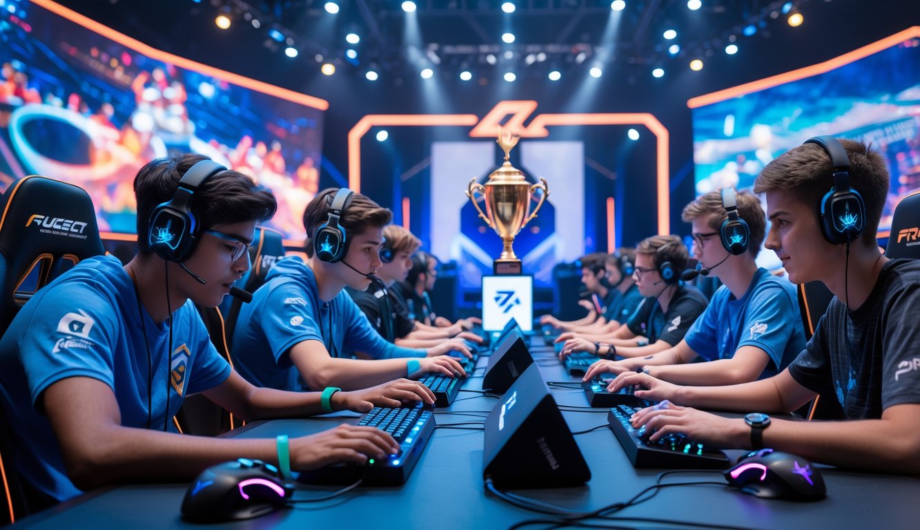 Para pemain esports muda sedang bermain kompetisi di arena game modern dengan layar besar dan penonton yang bersorak.
