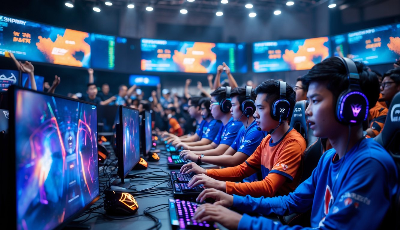 Sekelompok pemain muda Indonesia sedang bermain game esports dengan serius di arena permainan modern yang ramai dan terang.