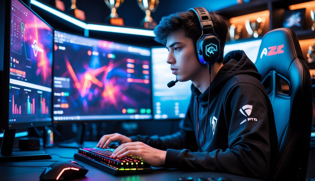 Seorang pria muda sedang fokus bermain game di meja dengan beberapa monitor dan perlengkapan gaming di ruangan yang terang.