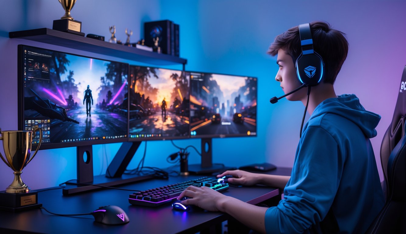 Seorang gamer muda fokus bermain di depan beberapa monitor dengan pencahayaan RGB, di ruangan gaming yang rapi dan profesional.