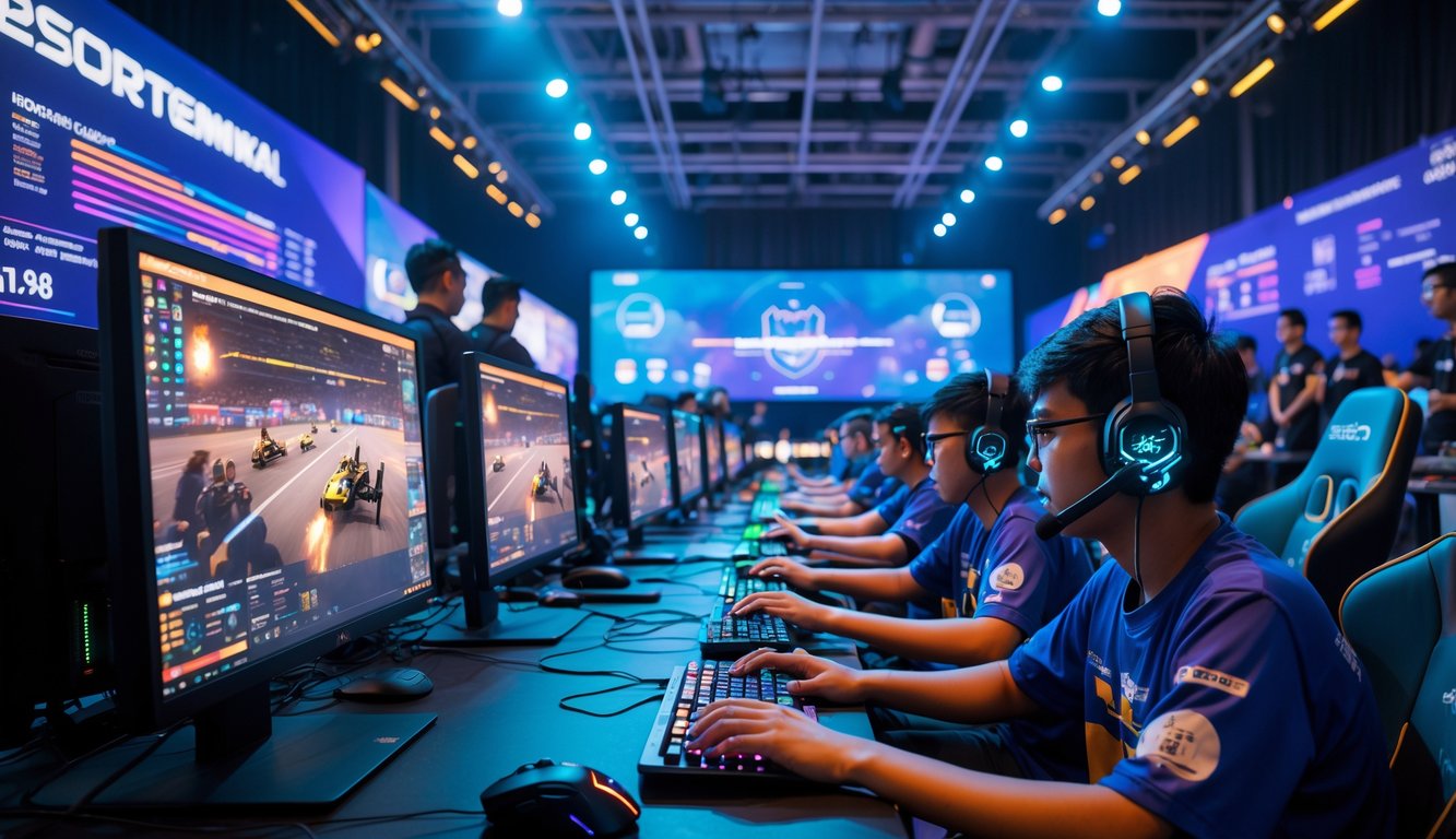 Arena esports modern dengan pemain muda Indonesia yang sedang berlaga, penonton dan profesional industri menyaksikan dengan antusias, menunjukkan perkembangan dan peluang industri esports di Indonesia.