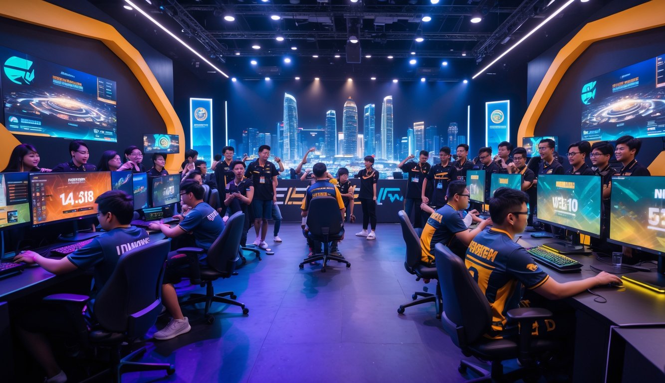 Suasana arena esports modern di Indonesia dengan pemain muda yang sedang bermain dan penonton yang antusias, menampilkan teknologi canggih dan elemen budaya Indonesia.