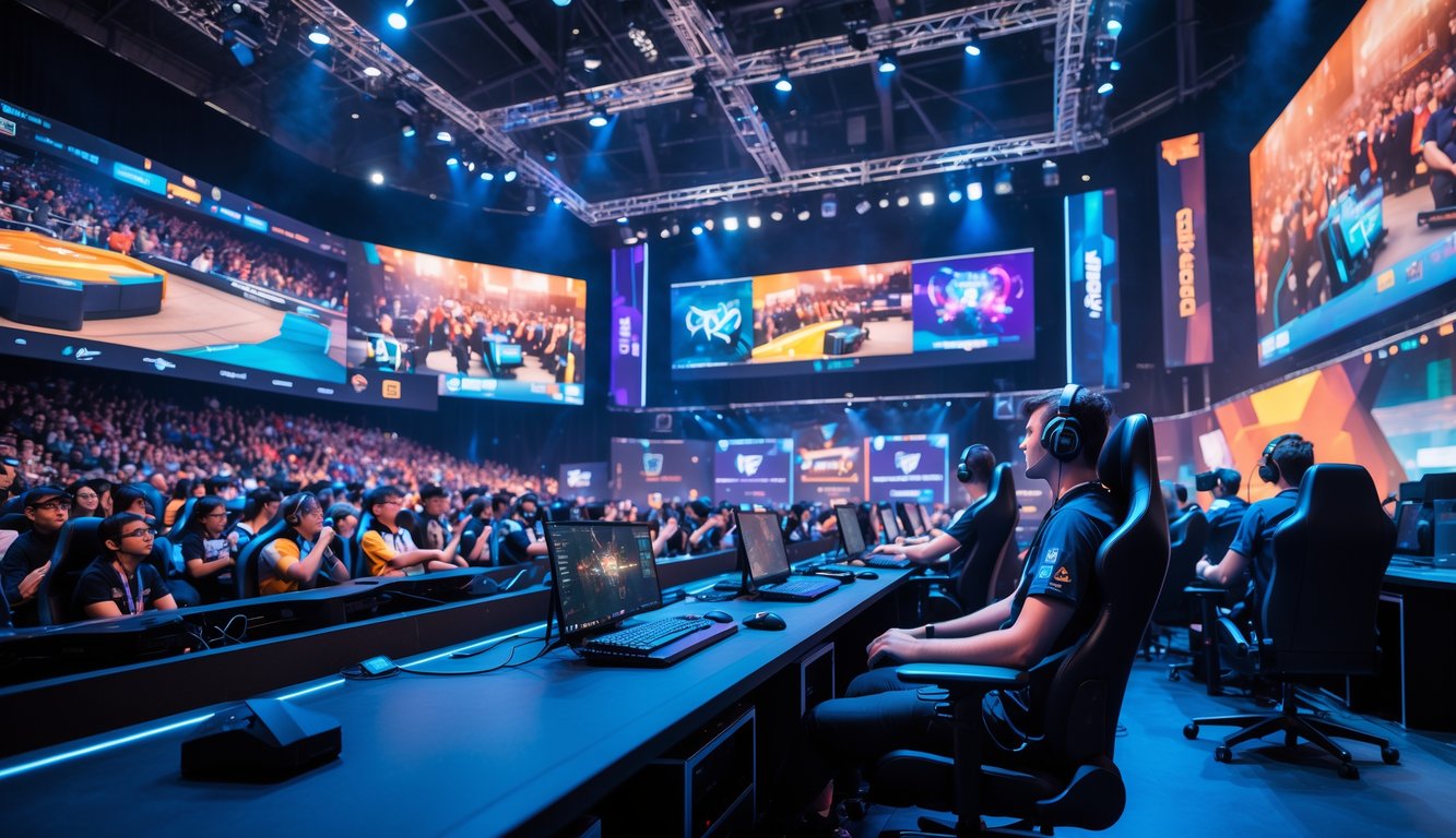 Suasana turnamen esports besar dengan penonton, pemain profesional di panggung, dan layar besar menampilkan permainan.