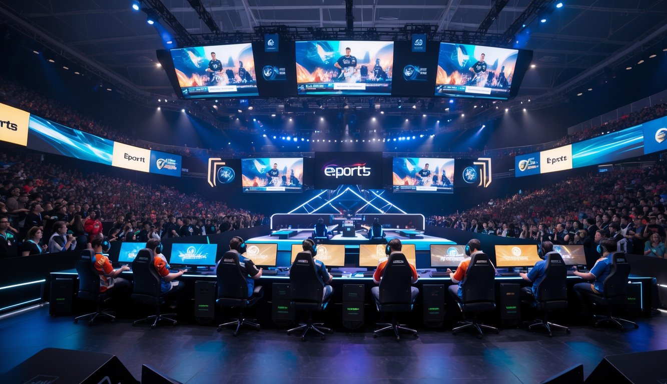 Suasana turnamen esports internasional dengan pemain profesional di panggung dan penonton ramai di arena besar.