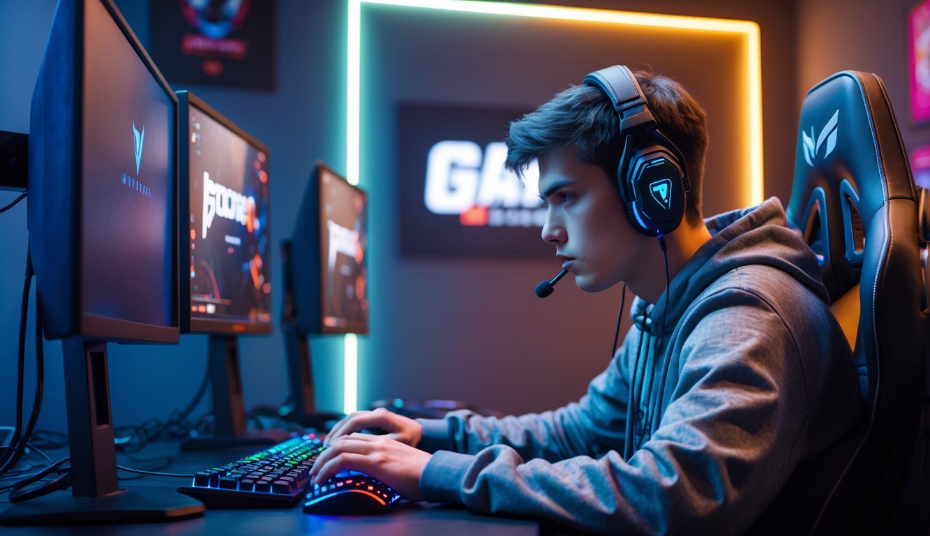 Seorang pemain esports muda yang fokus duduk di depan meja gaming dengan dua monitor dan headset, terlihat serius sedang berlatih di ruangan dengan pencahayaan LED.