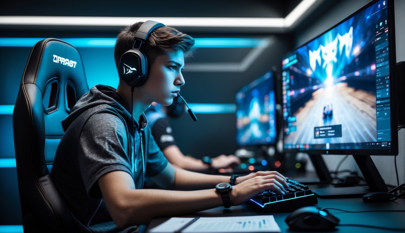 Seorang atlet esports muda yang fokus duduk di depan komputer dengan headset gaming, terlihat serius dan siap berlatih di ruangan gaming yang modern.